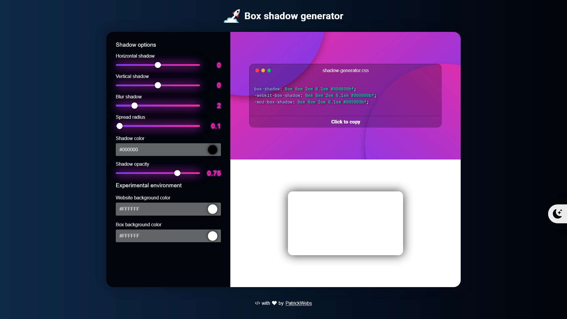 Box shadow generator - Generador de sombras con interfaz personalizable (fondo del sitio, fondo de contenedor y color de sombra)