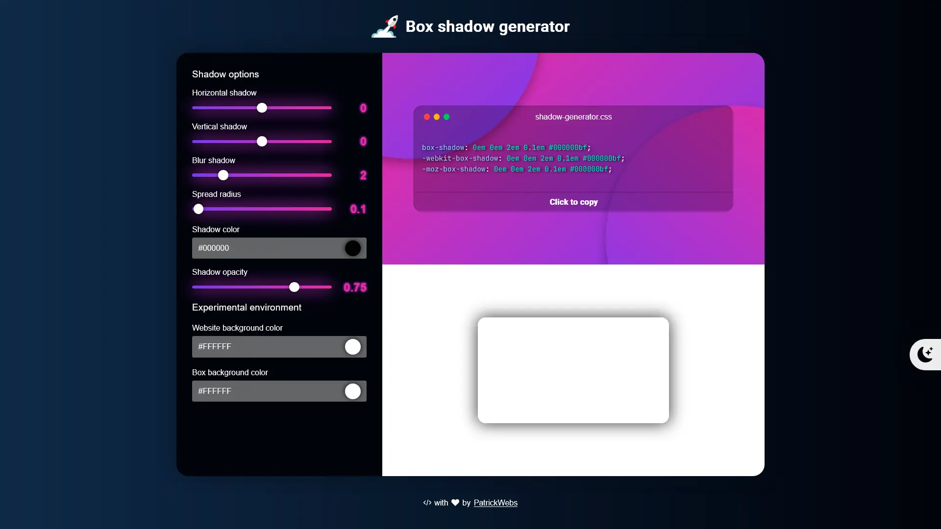 Box shadow generator - Generador de sombras con interfaz personalizable (fondo del sitio, fondo de contenedor y color de sombra)